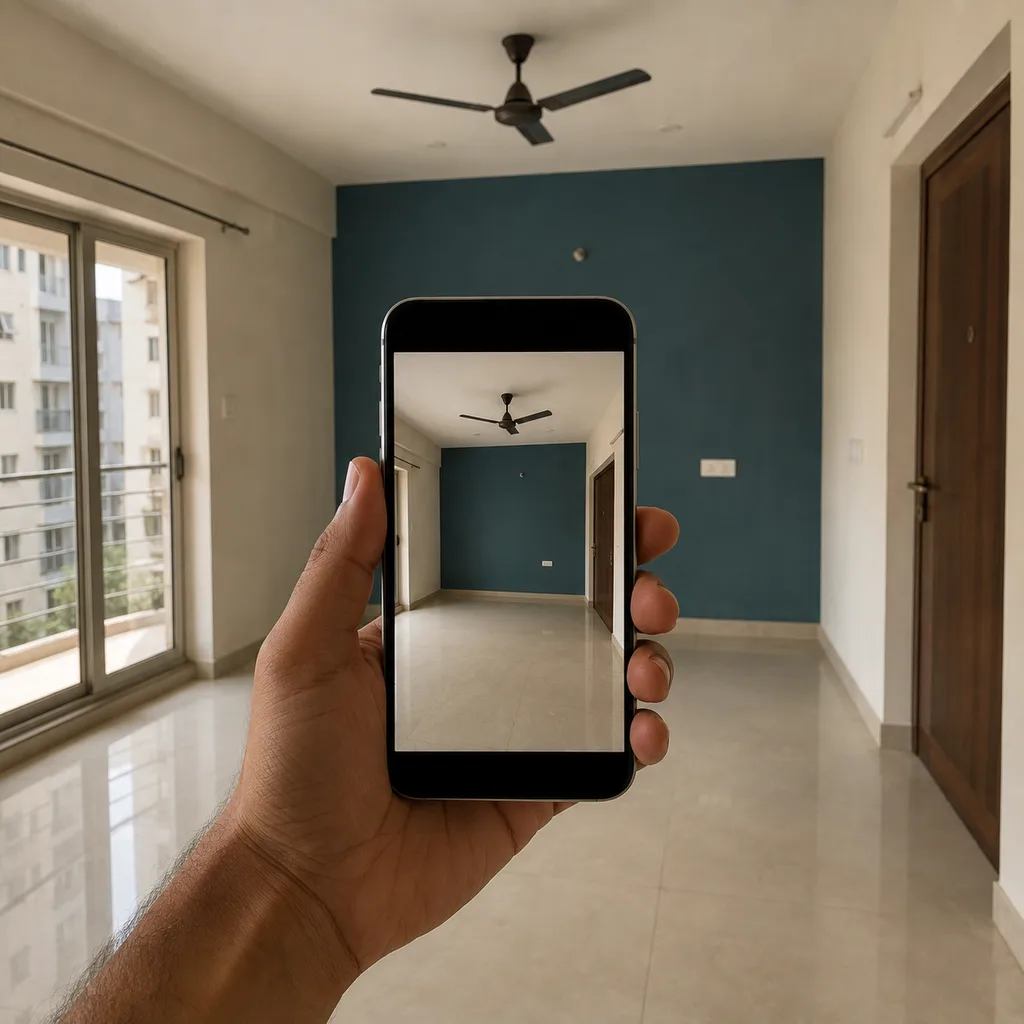 A phone photographing an empty, unfinished room