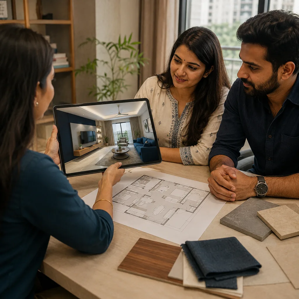 A designer showing the finished render to clients on a tablet