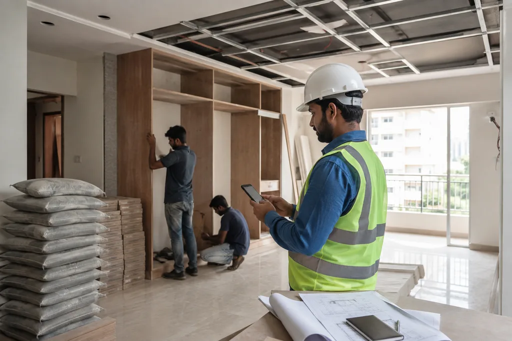 A site supervisor logging the day's progress on his phone during an interior fit-out