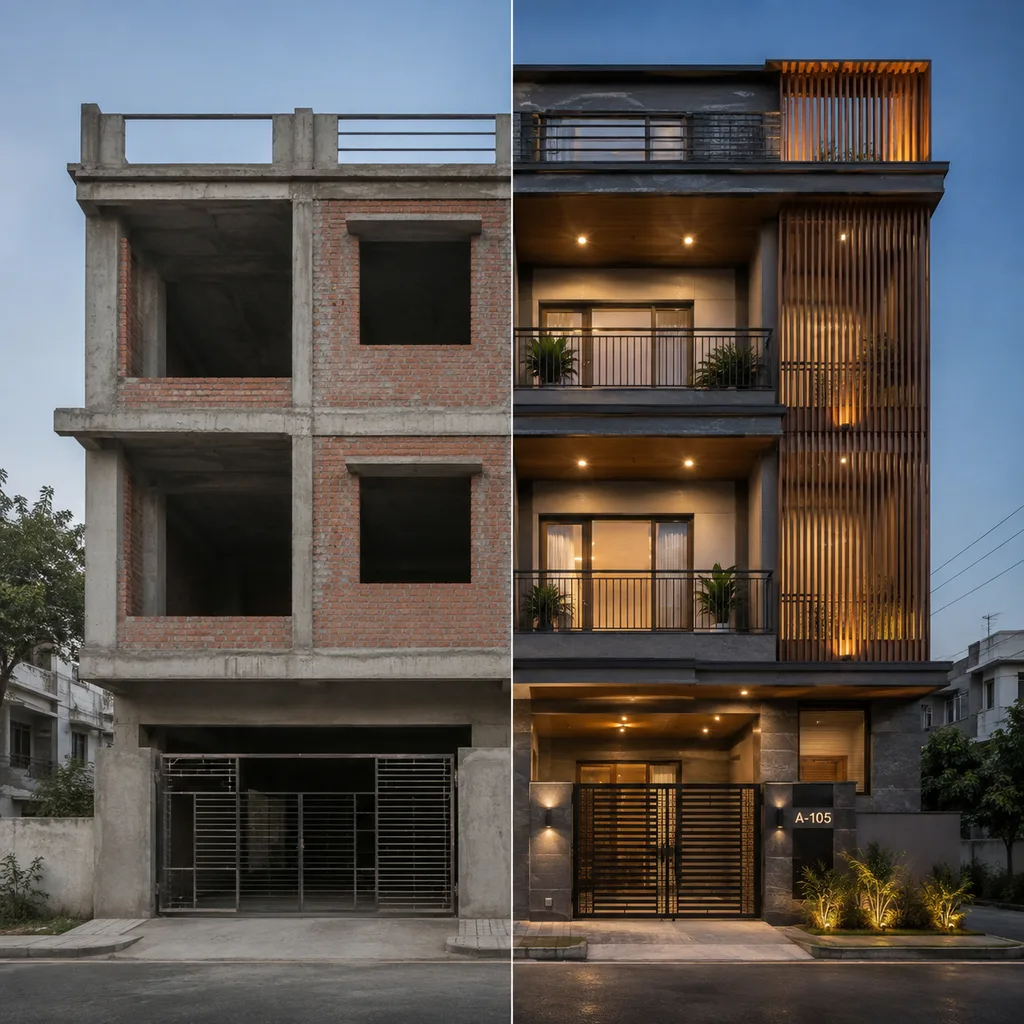 A plain house facade beside its finished exterior design