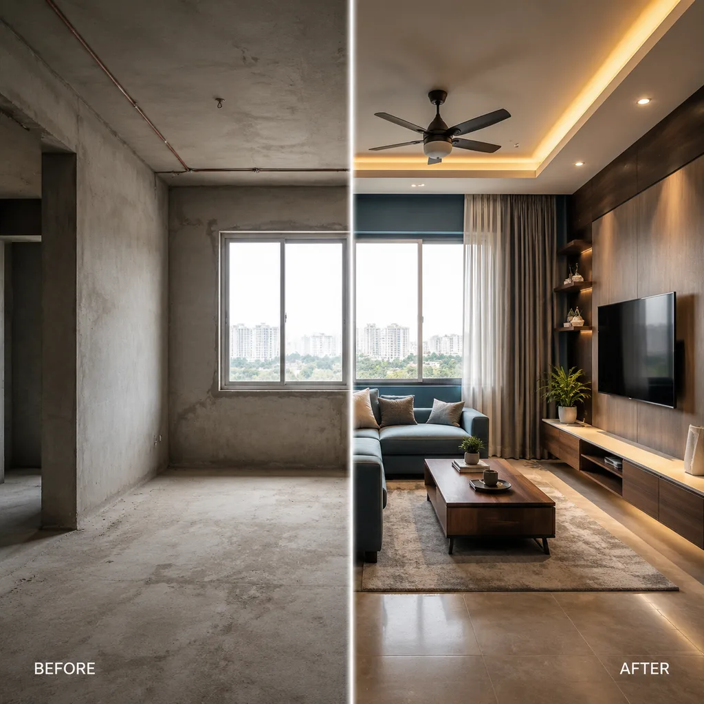 A bare room photo beside the finished 3D render generated from it
