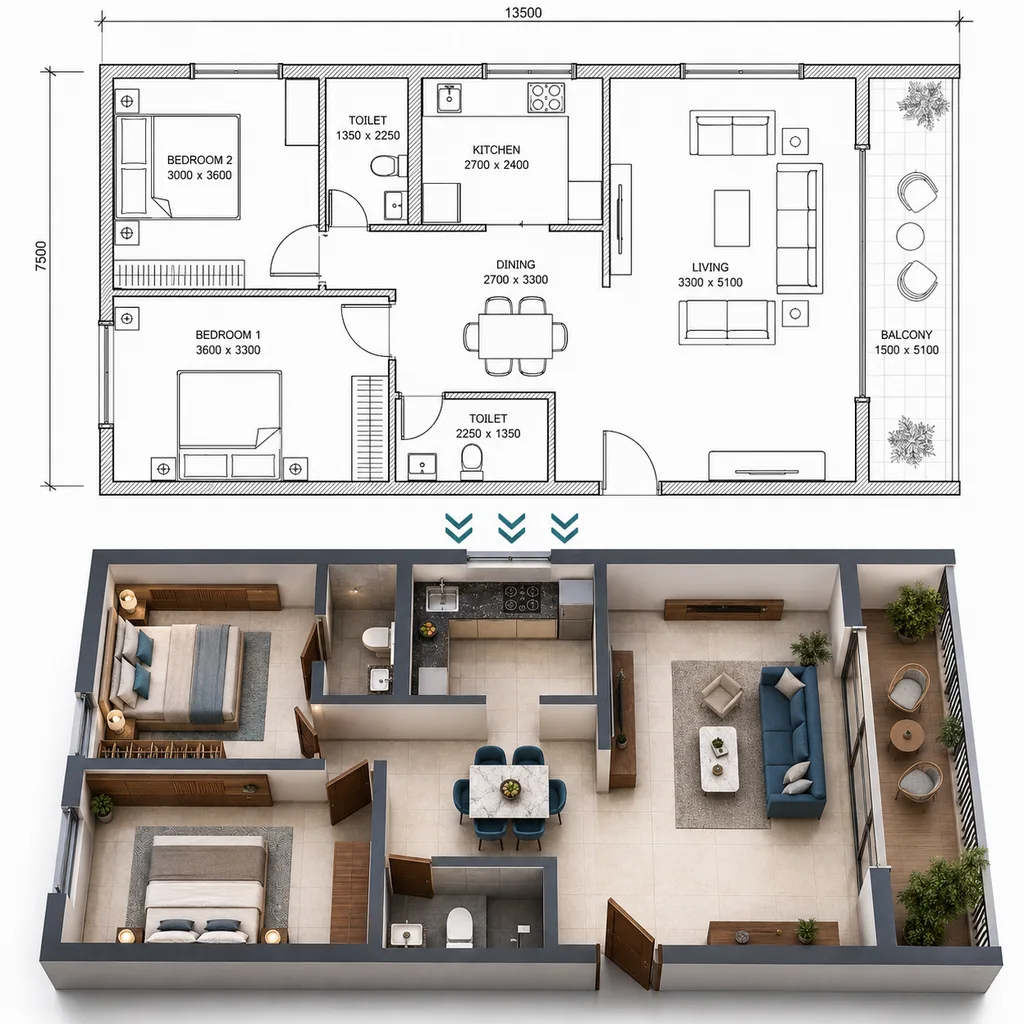 A 2D floor plan and the furnished 3D bird view made from it