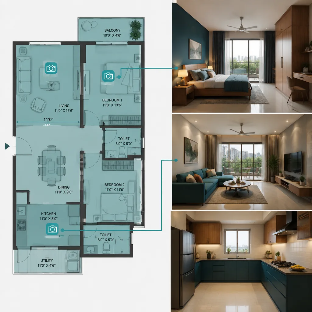 A floor plan with marked rooms and the eye-level renders generated per room