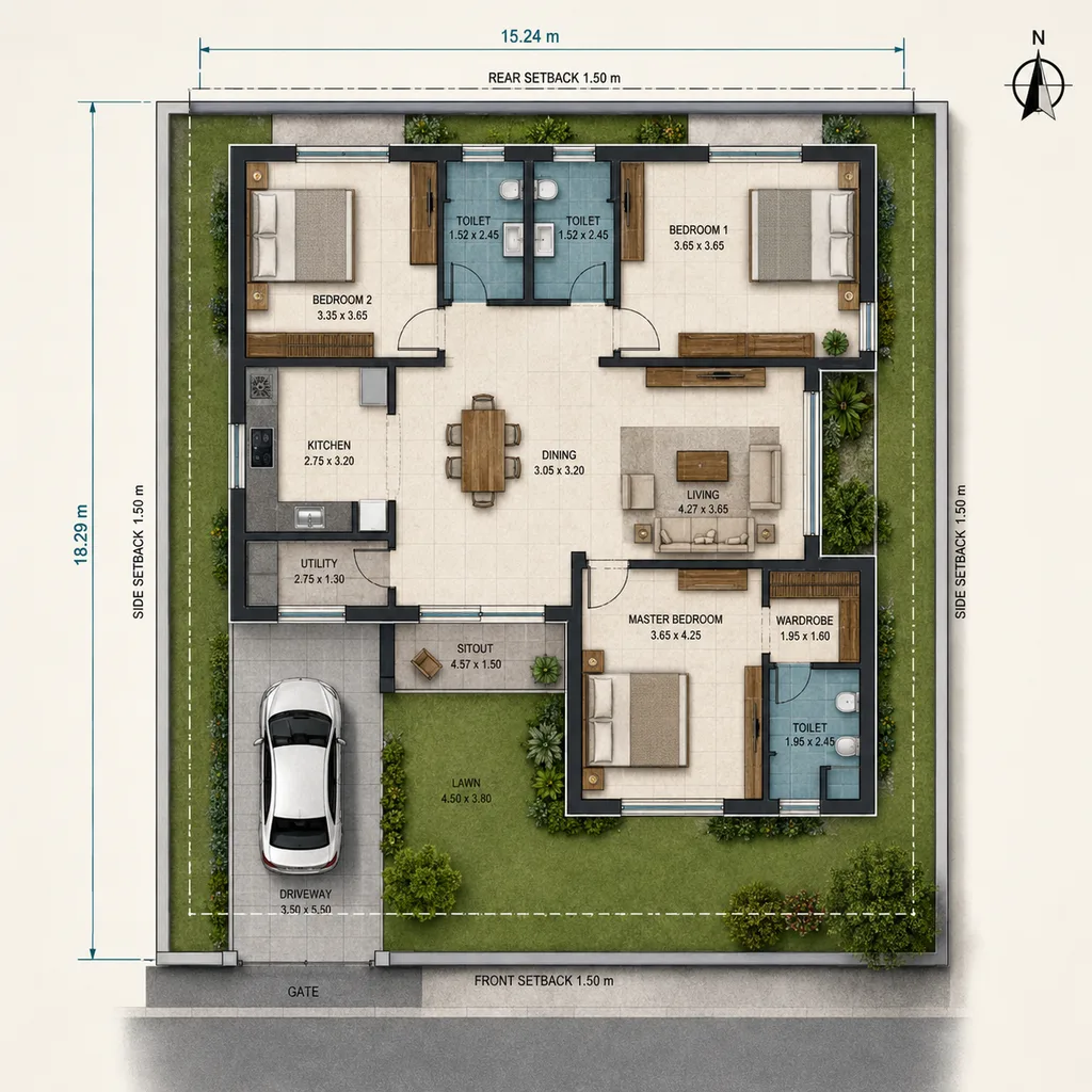 A plot layout showing setbacks, built footprint and open areas