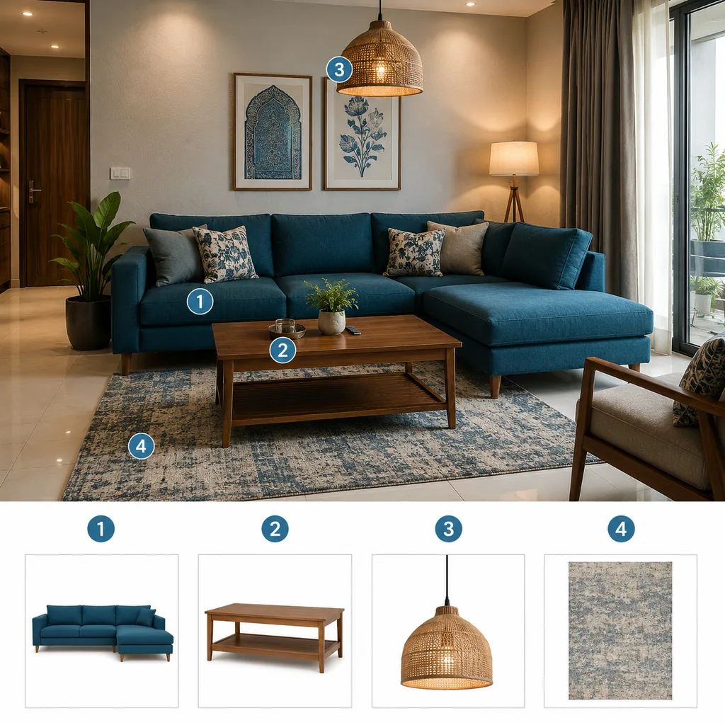 A render with numbered product markers and the matching specification sheet