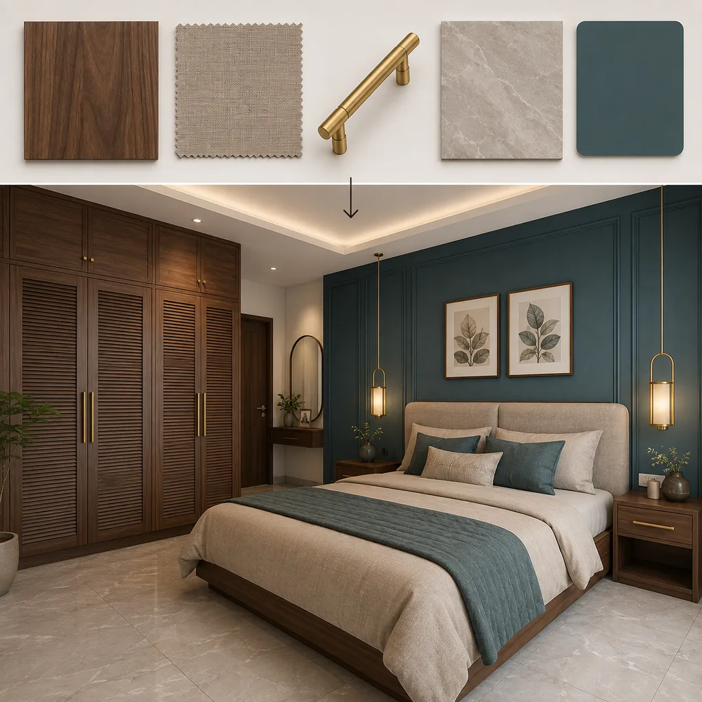 A material moodboard and the room render matched to it